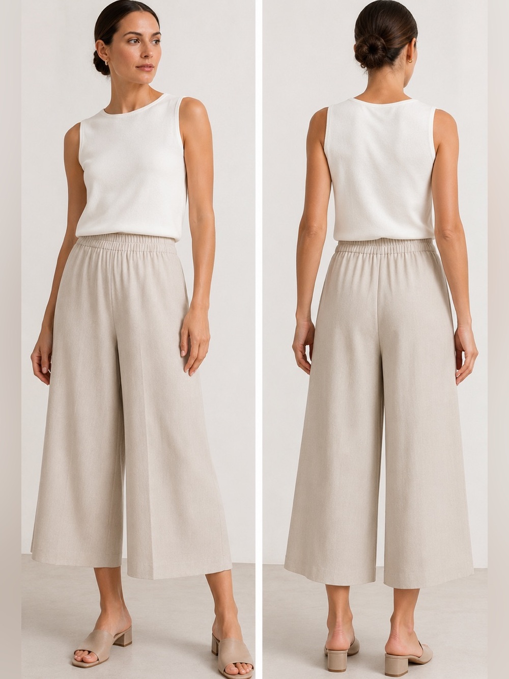 Lafayette 148 New York 100% Wool Lightweight Pull-On Wide Leg Crop Pants Beige L